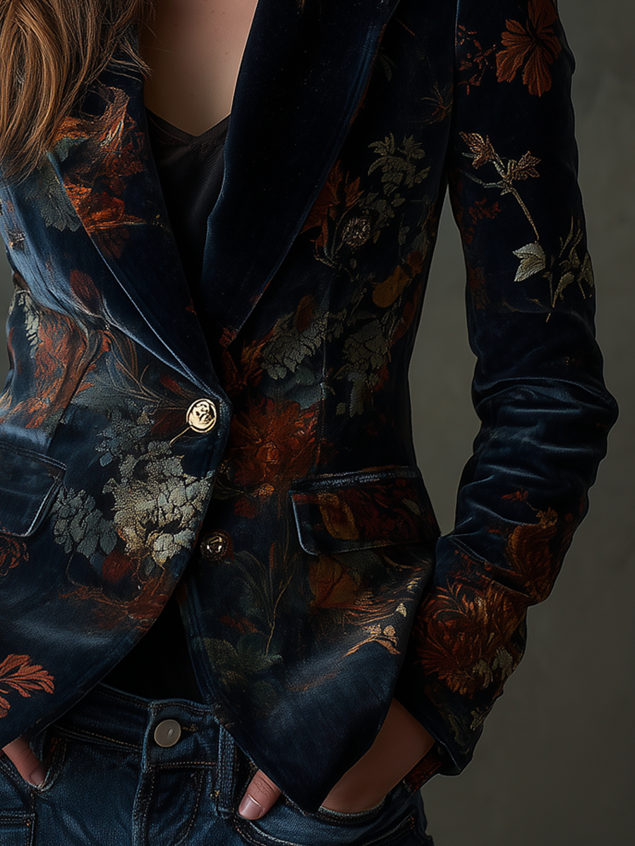 Vintage Floral Print Polyester Velvet Blazer with Metal Buttons