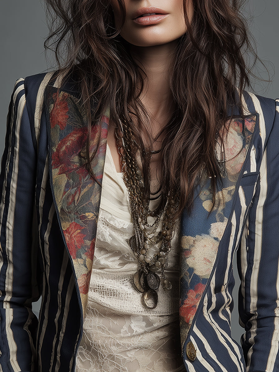 Bohemian Floral Print Cotton and Linen Striped Blazer