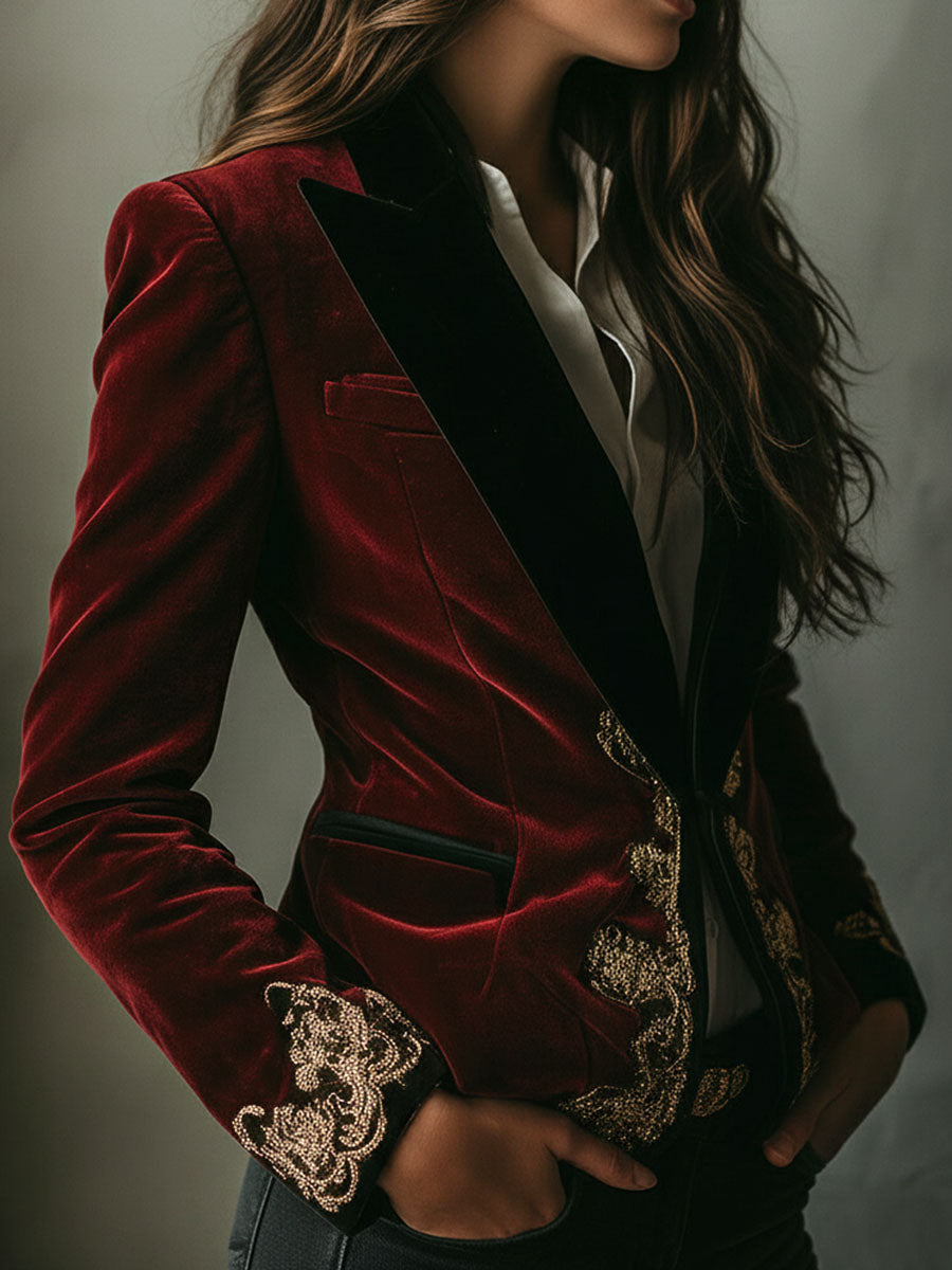 Elegant Black Velvet Blazer with Luxury Gold Embroidered Collar