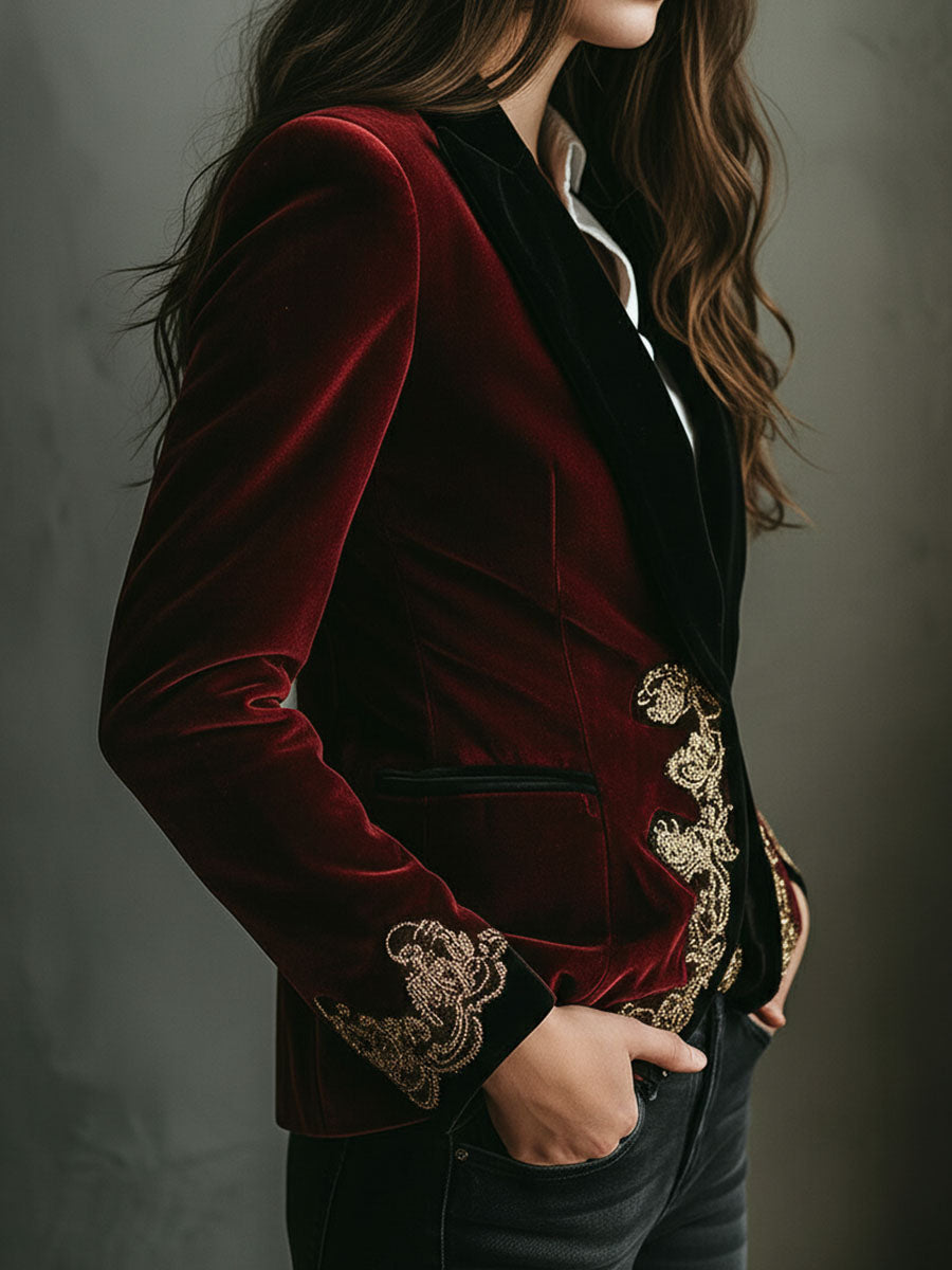 Elegant Black Velvet Blazer with Luxury Gold Embroidered Collar