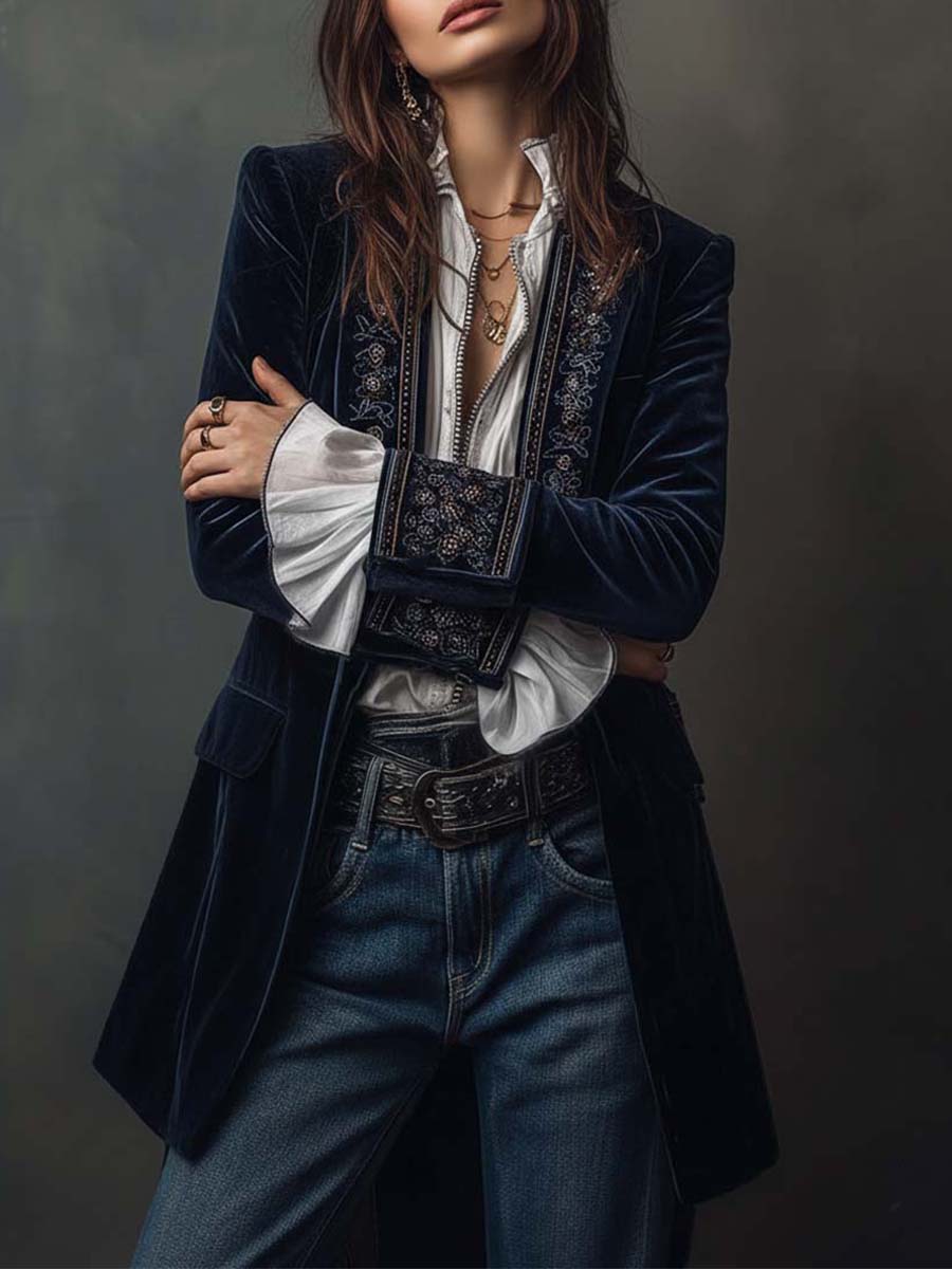 Vintage Navy Embroidered Polyester Velvet Long Jacket