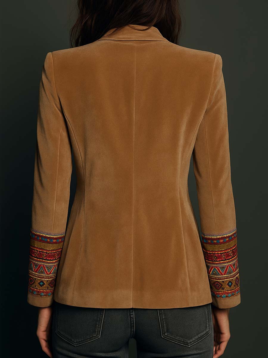 Polyester Velvet Embroidered Blazer with Bohemian Detailing