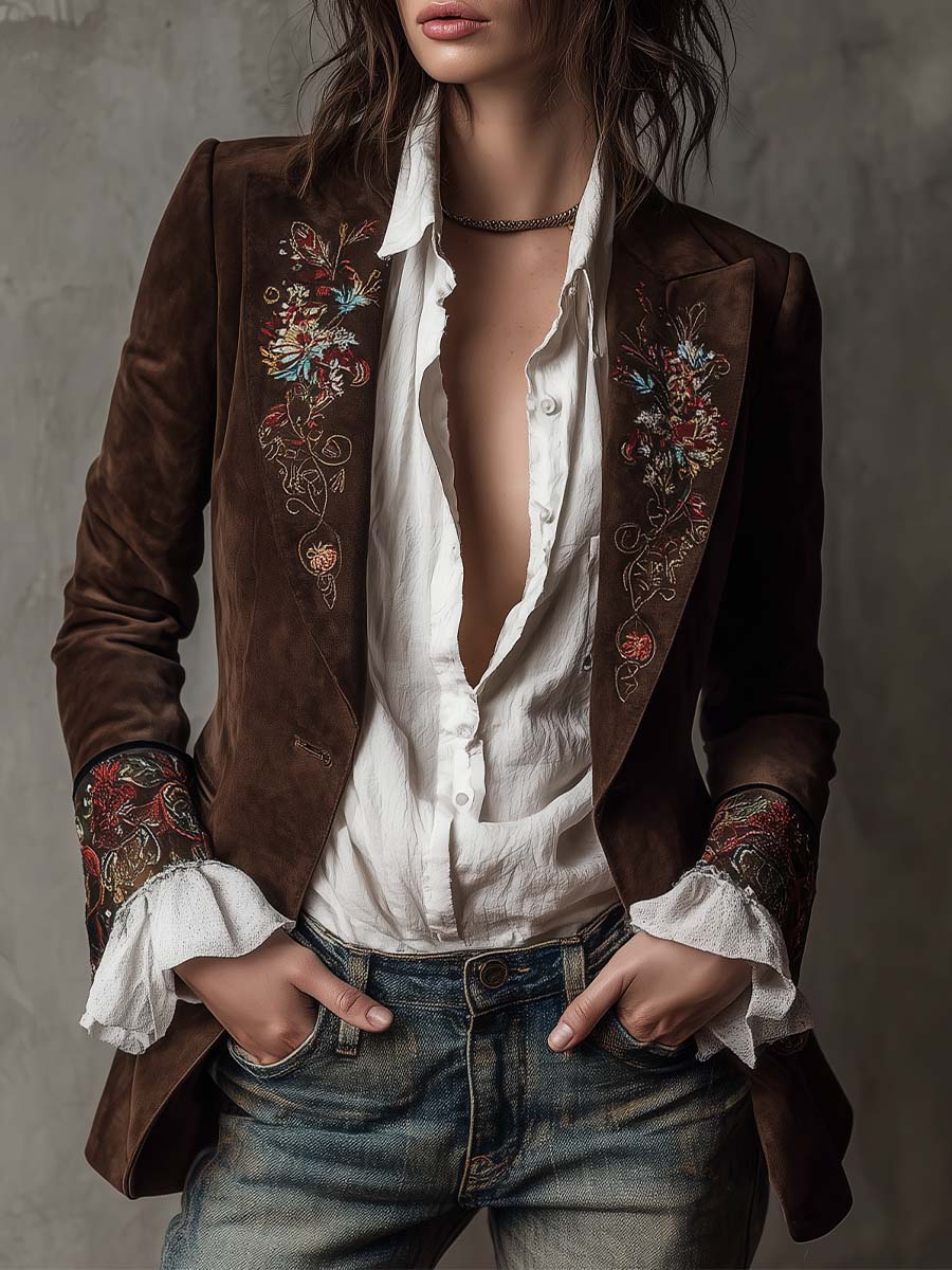 Vintage Brown Suede Blazer with Embroidered Details