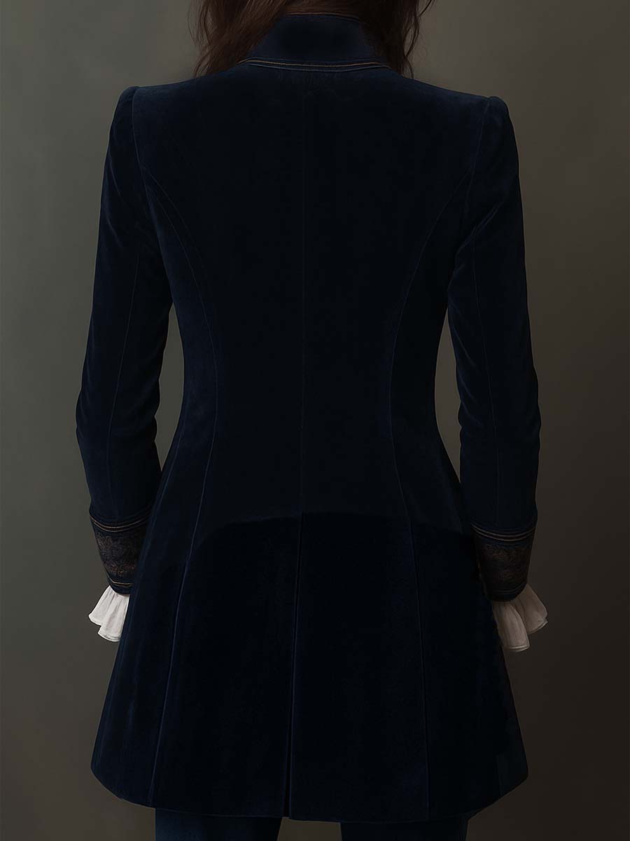 Vintage Navy Embroidered Polyester Velvet Long Jacket