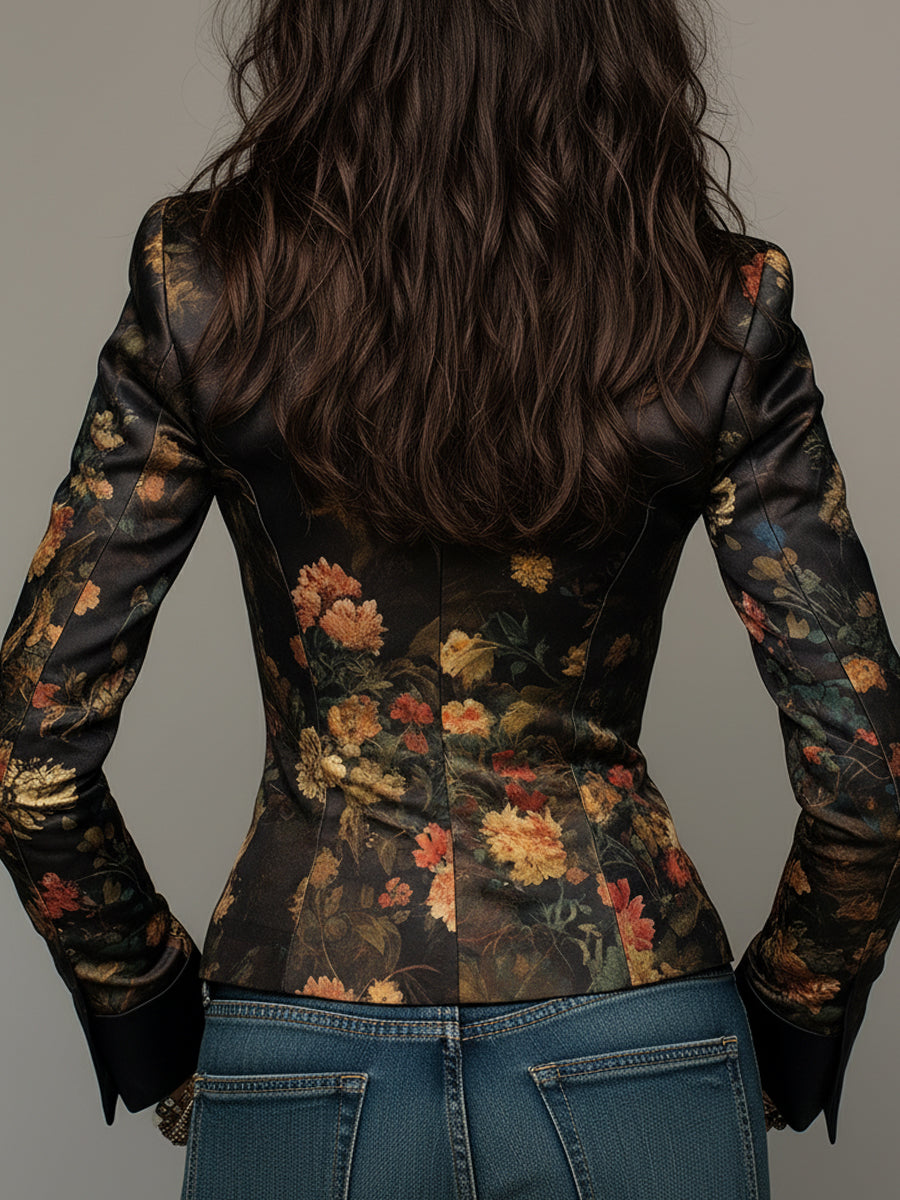 Elegant Oil Painting Floral Print Fitted Satin Blazer