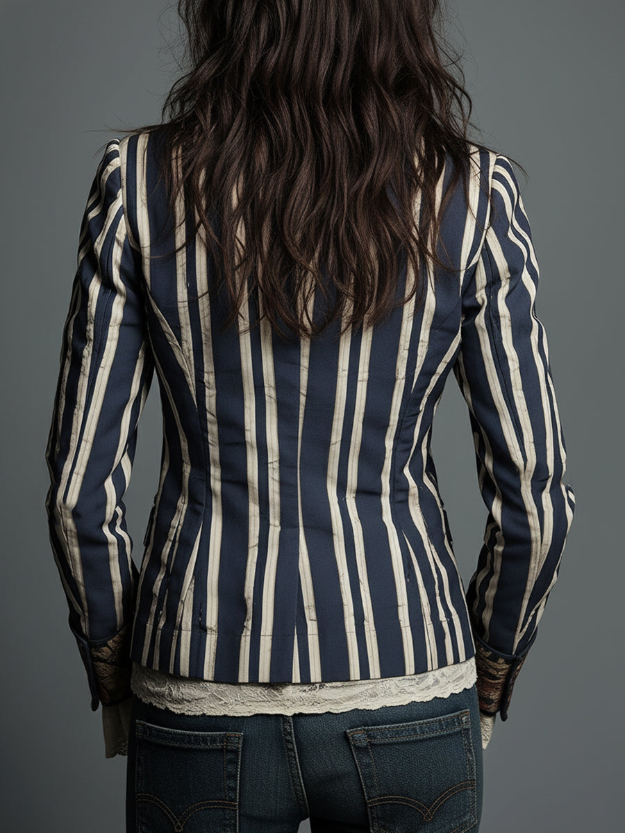Bohemian Floral Print Cotton and Linen Striped Blazer
