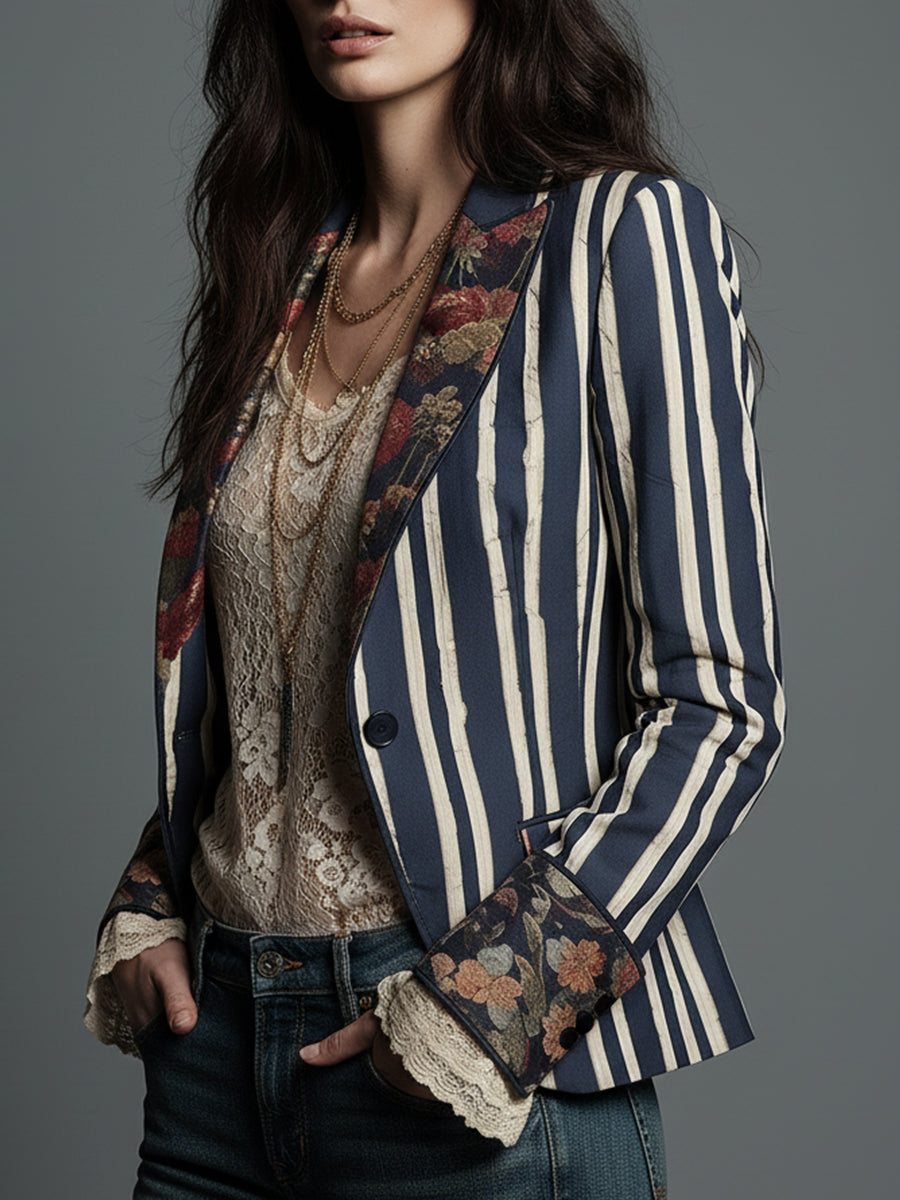 Bohemian Floral Print Cotton and Linen Striped Blazer