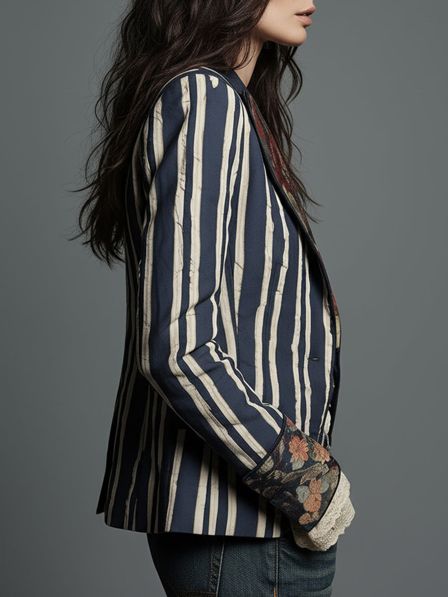 Bohemian Floral Print Cotton and Linen Striped Blazer