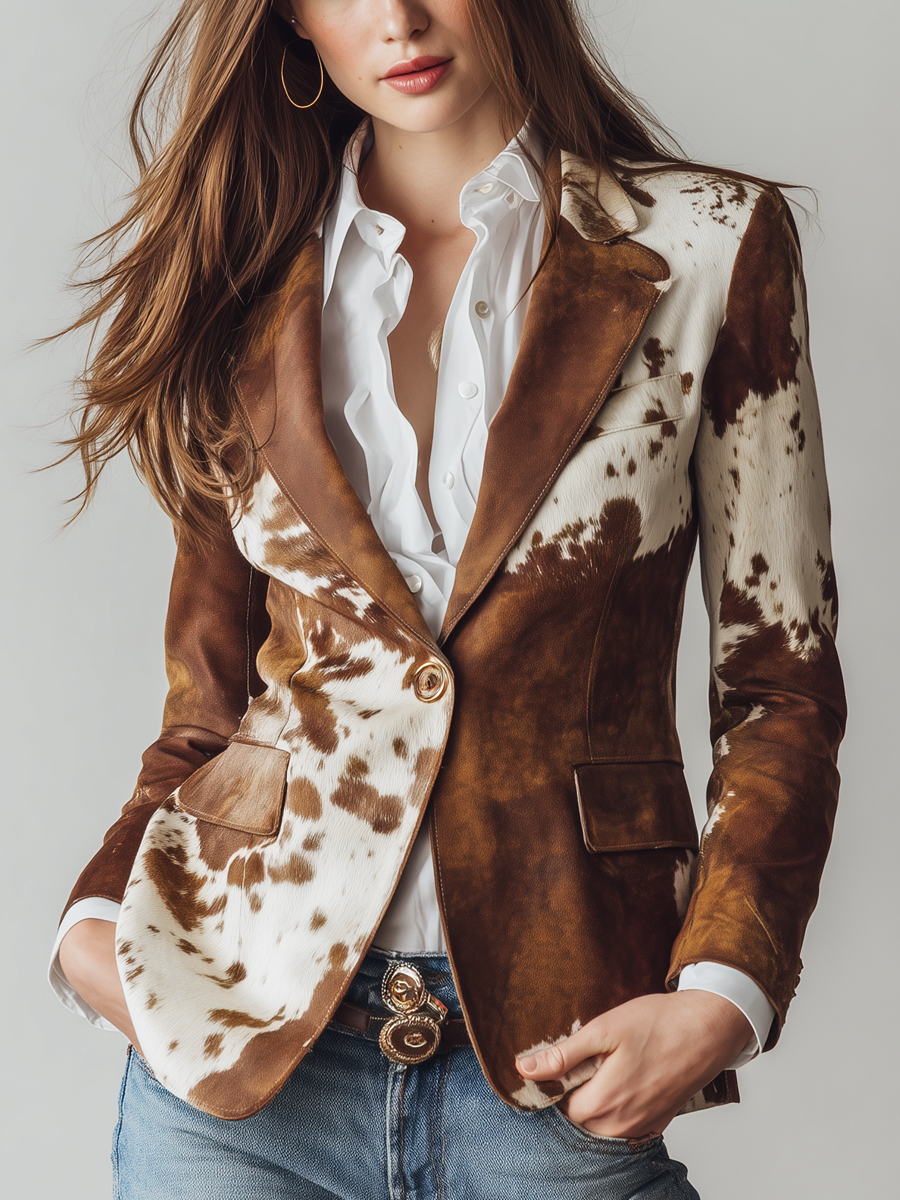 Vintage Cowhide Print Eco-Friendly Suede Blazer