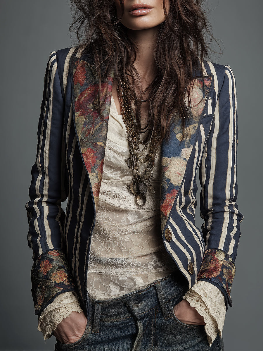 Bohemian Floral Print Cotton and Linen Striped Blazer