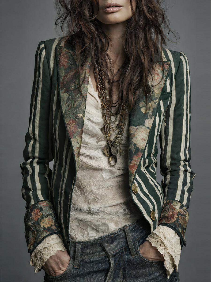 Bohemian Floral Print Cotton and Linen Striped Blazer