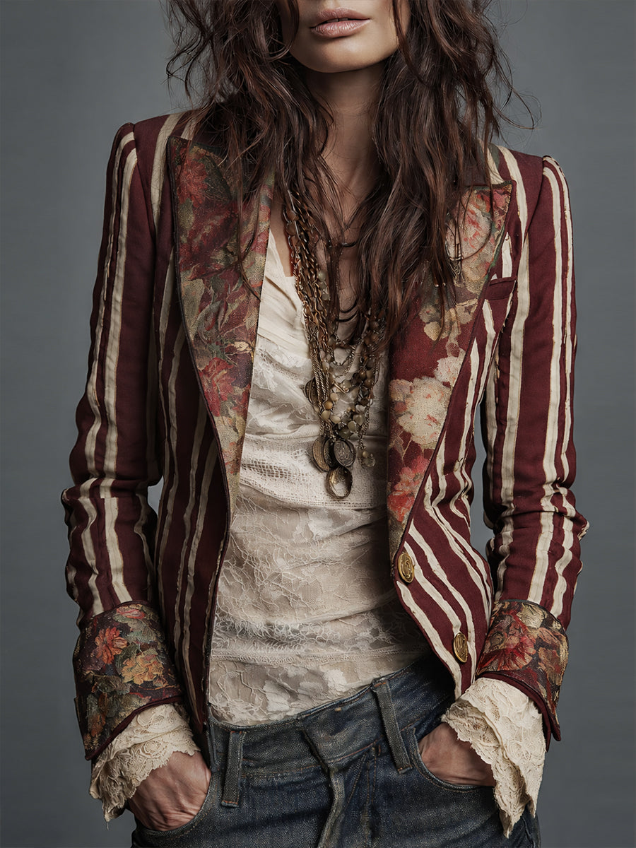 Bohemian Floral Print Cotton and Linen Striped Blazer