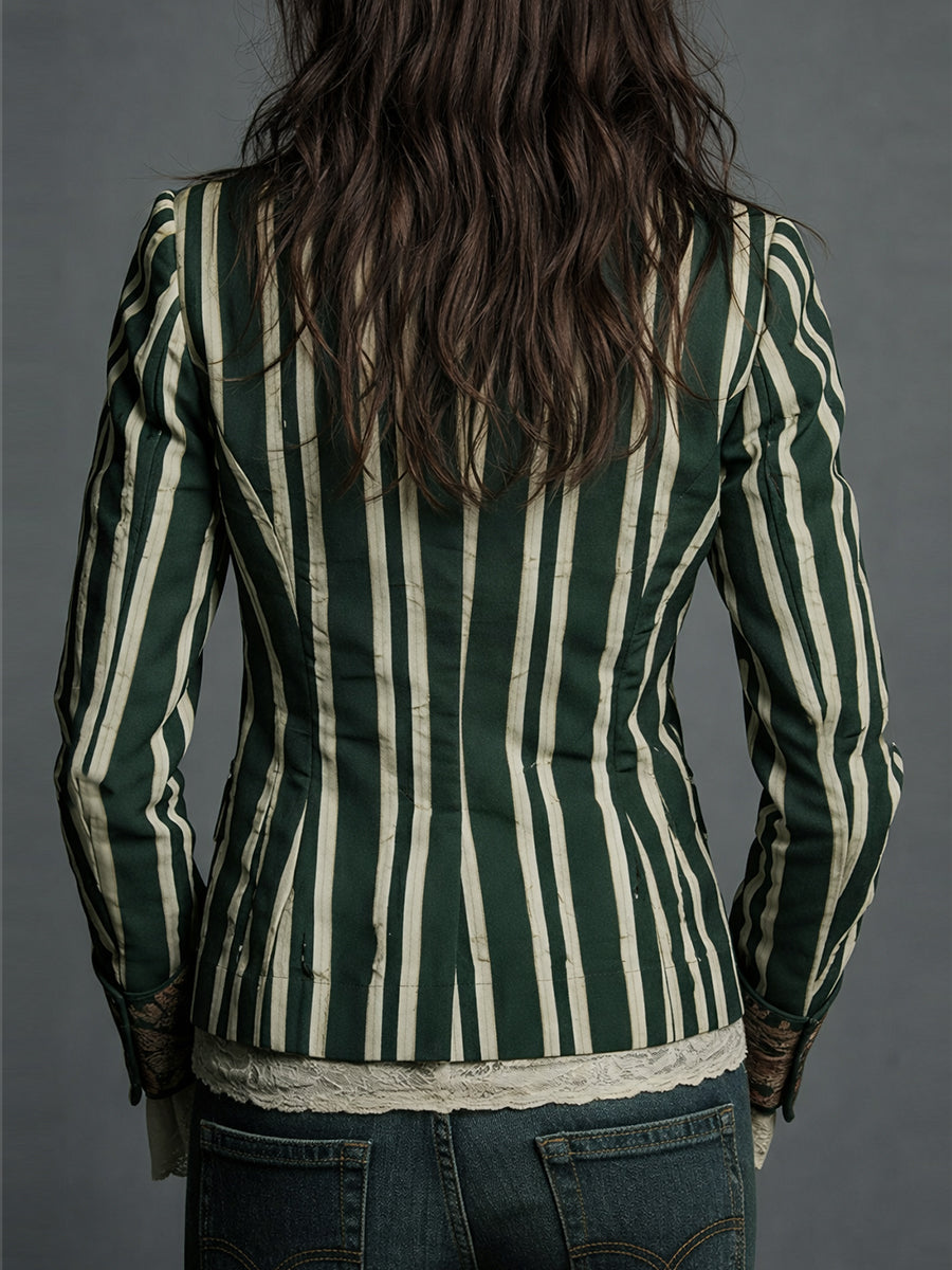 Bohemian Floral Print Cotton and Linen Striped Blazer