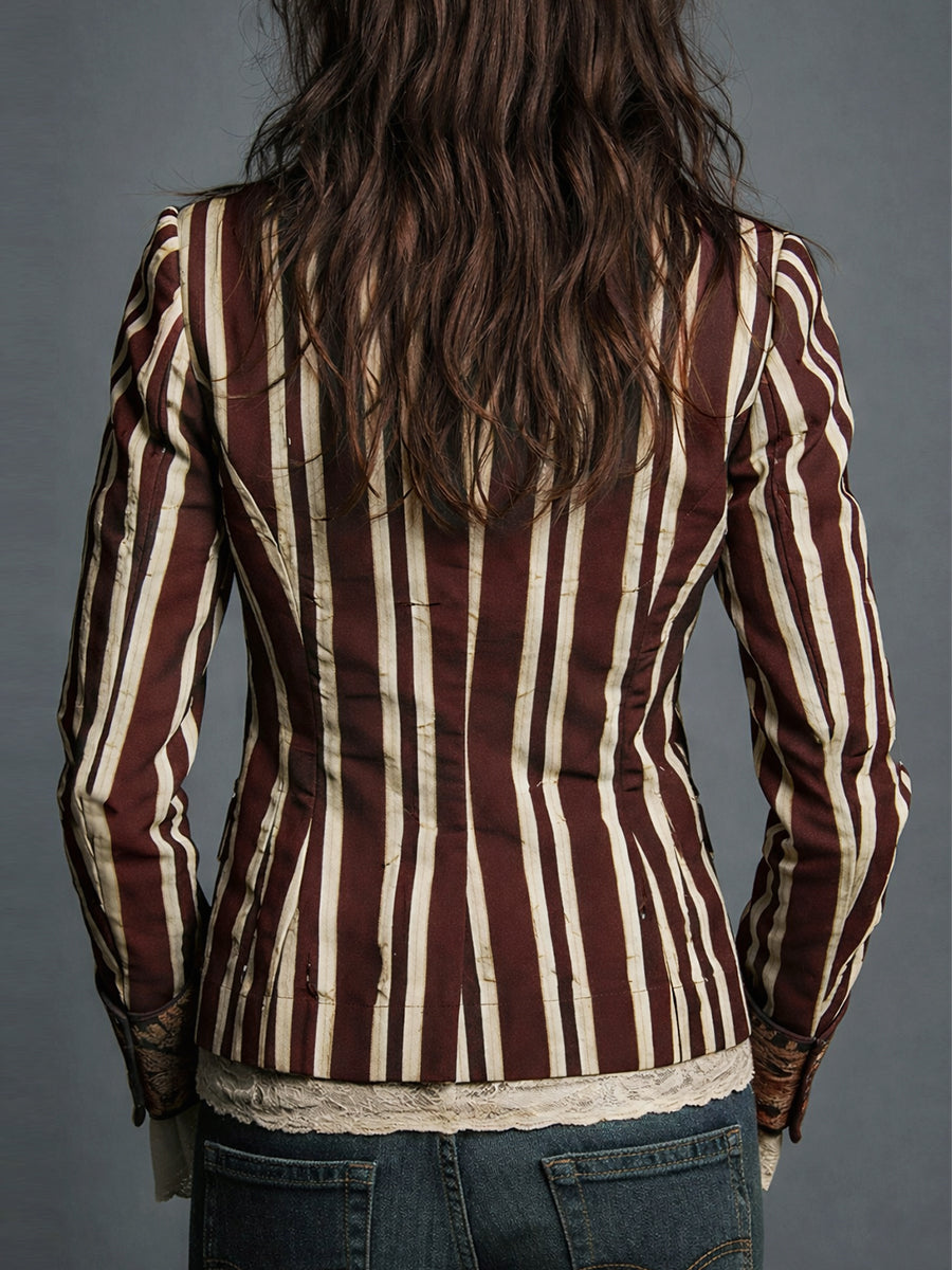 Bohemian Floral Print Cotton and Linen Striped Blazer