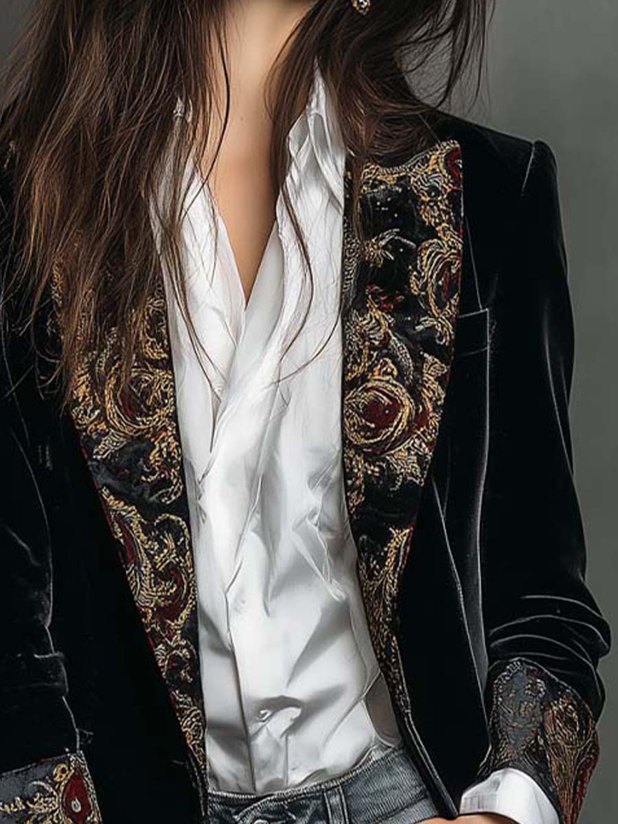 Timeless Vintage Luxury Black Velvet Blazer with Baroque Printed Lapels