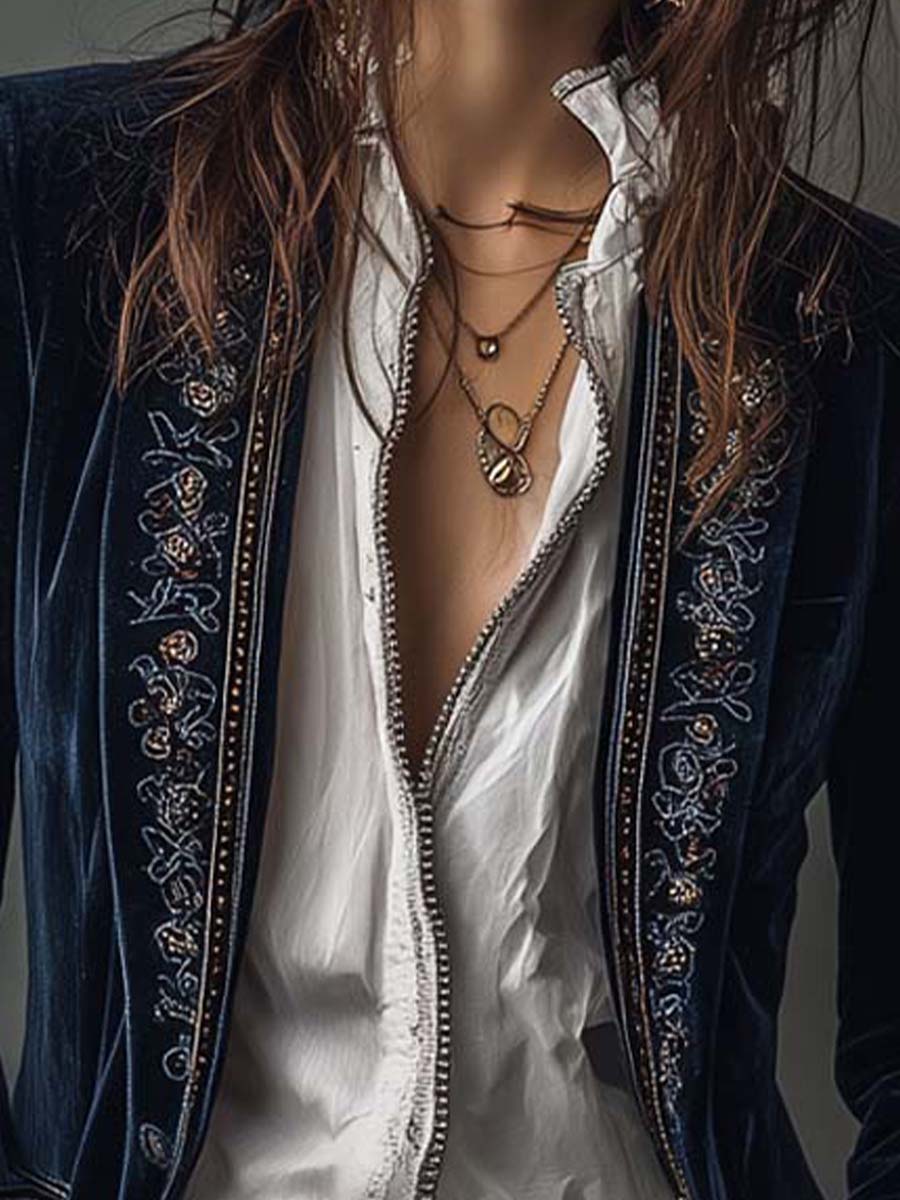 Vintage Navy Embroidered Polyester Velvet Long Jacket
