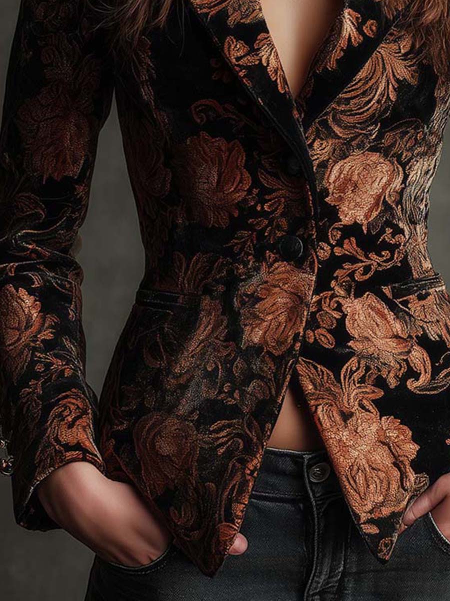 Black and Bronze Floral Print Velvet Blazer