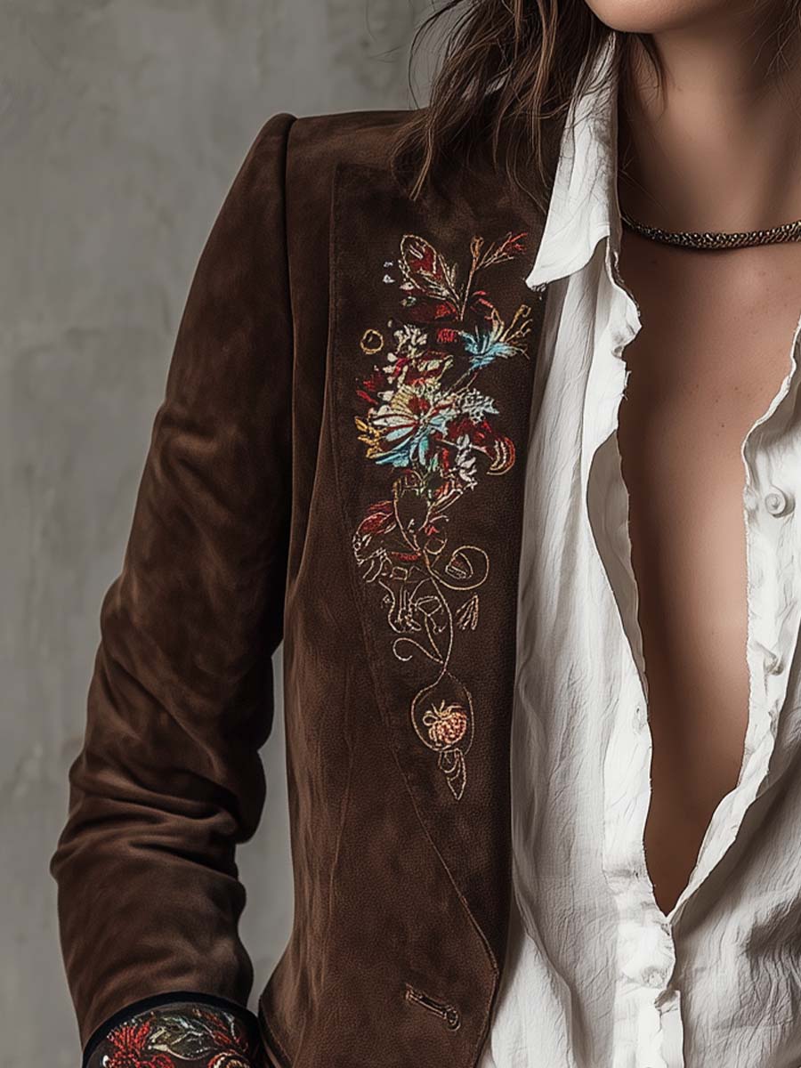Vintage Brown Suede Blazer with Embroidered Details