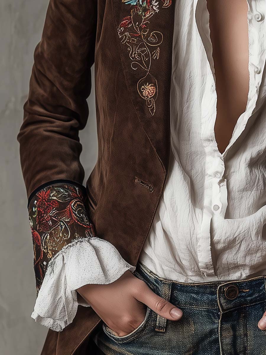 Vintage Brown Suede Blazer with Embroidered Details