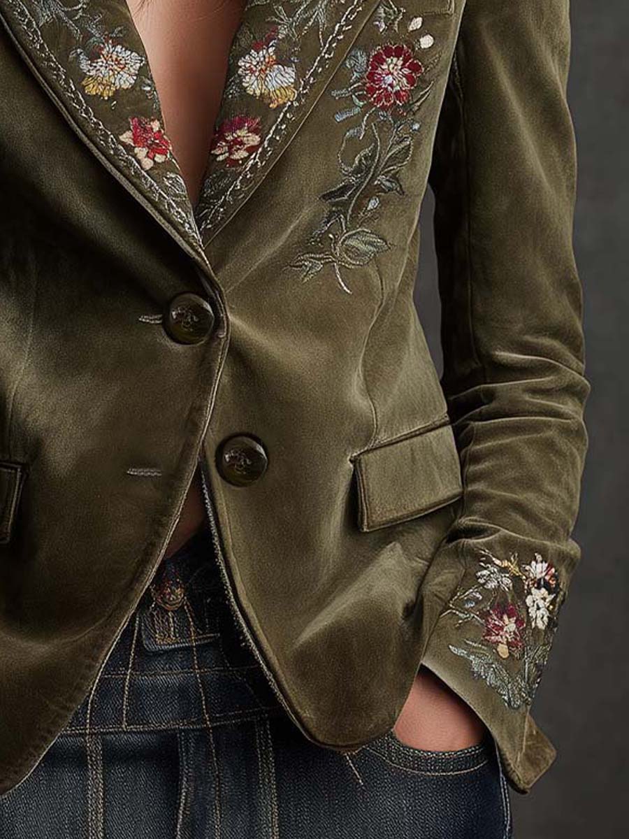 Olive Green Velvet Blazer with Intricate Floral Embroidery