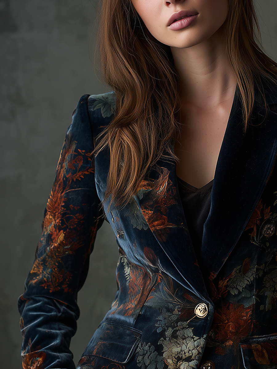 Vintage Floral Print Polyester Velvet Blazer with Metal Buttons