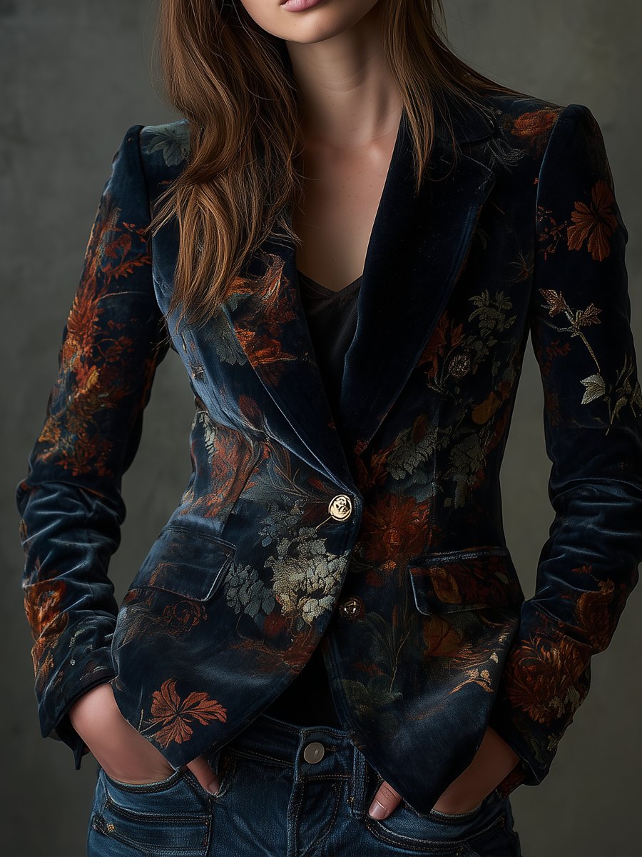 Vintage Floral Print Polyester Velvet Blazer with Metal Buttons