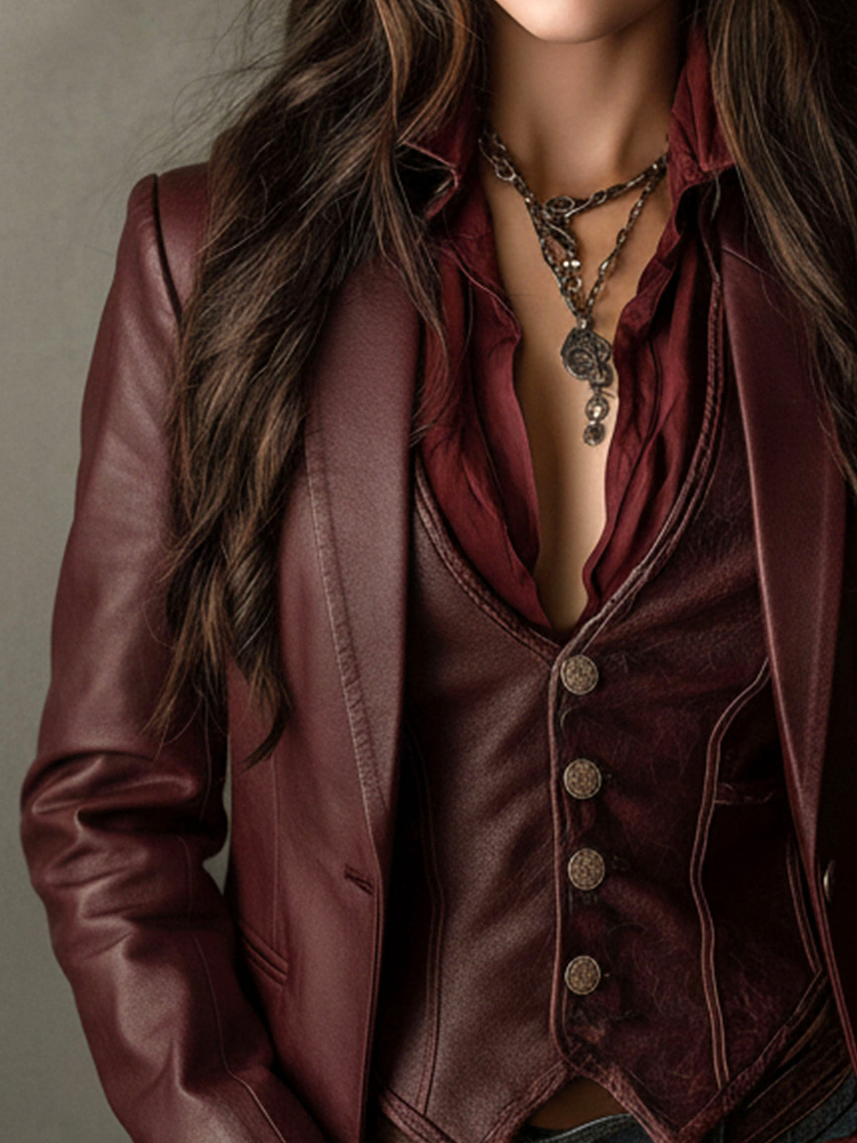 Vintage Burgundy Eco-Leather Blazer