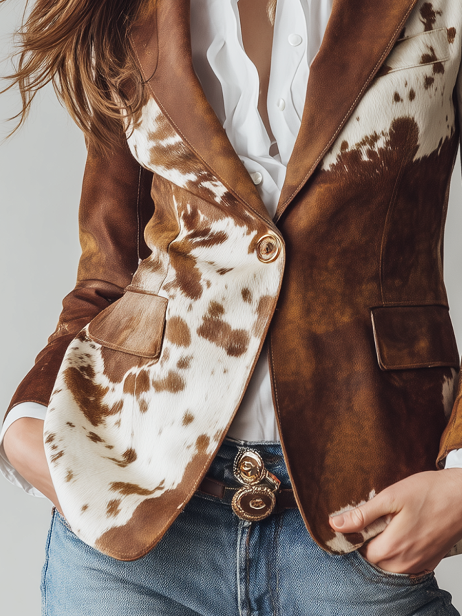 Vintage Cowhide Print Eco-Friendly Suede Blazer