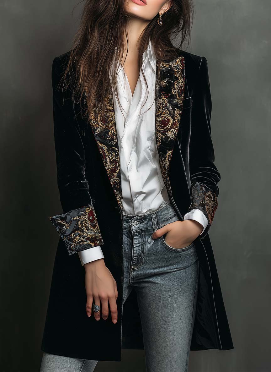 Timeless Vintage Luxury Black Velvet Blazer with Baroque Printed Lapels