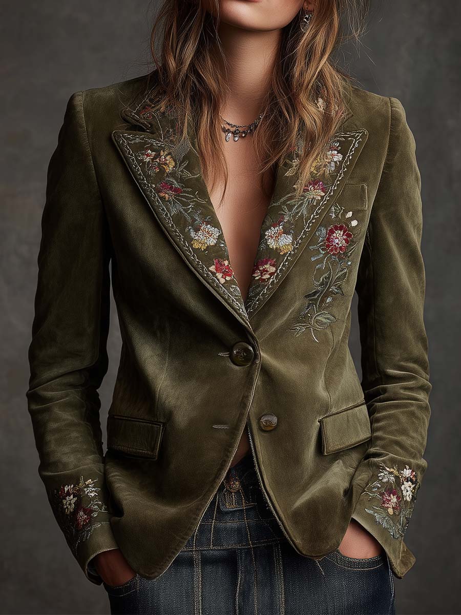 Olive Green Velvet Blazer with Intricate Floral Embroidery