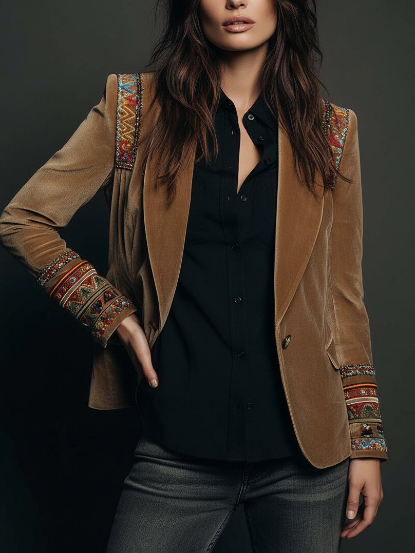 Polyester Velvet Embroidered Blazer with Bohemian Detailing