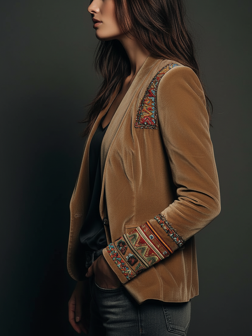 Polyester Velvet Embroidered Blazer with Bohemian Detailing