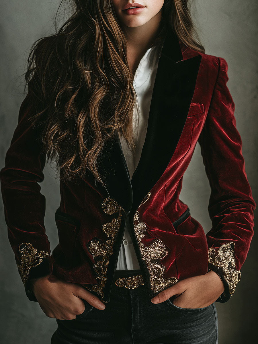 Elegant Black Velvet Blazer with Luxury Gold Embroidered Collar