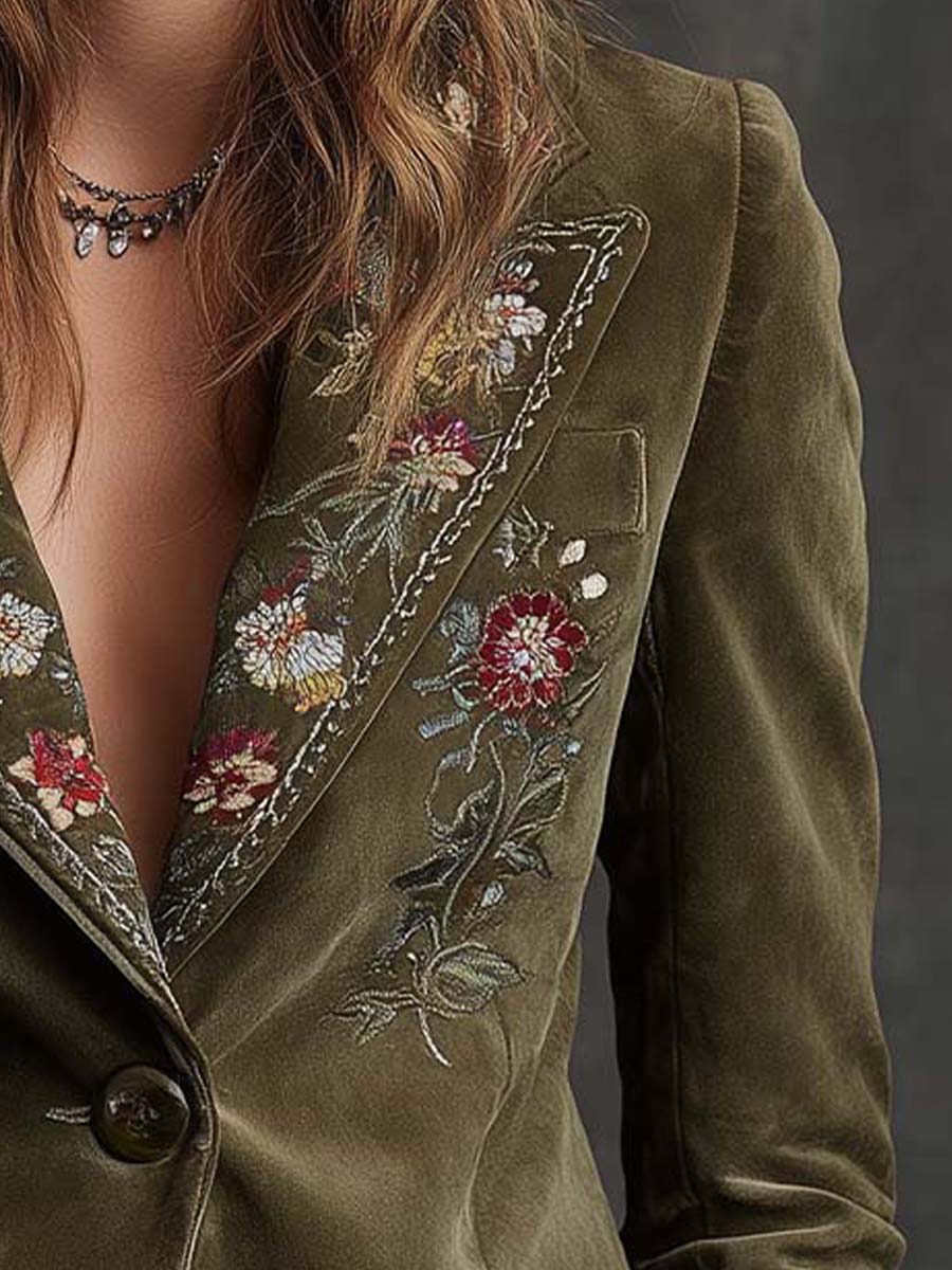 Olive Green Velvet Blazer with Intricate Floral Embroidery