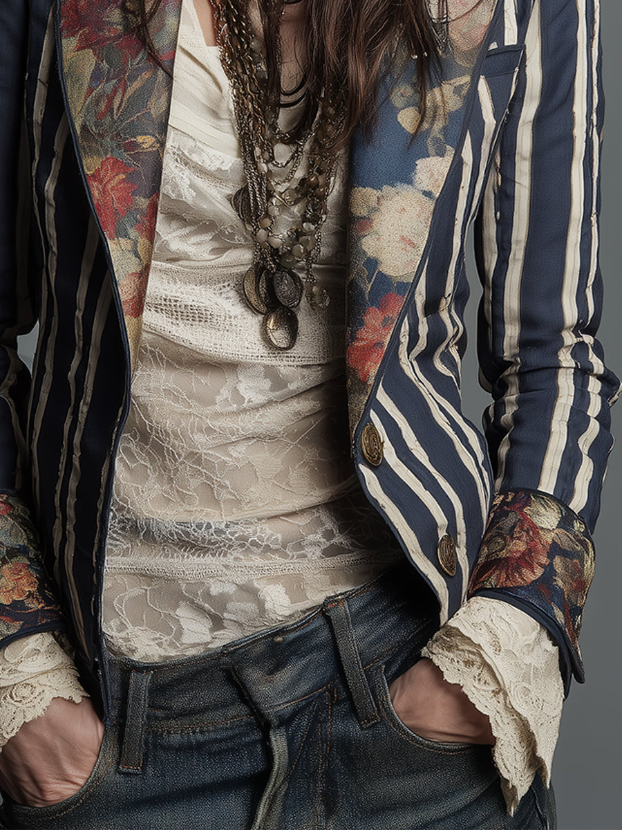 Bohemian Floral Print Cotton and Linen Striped Blazer