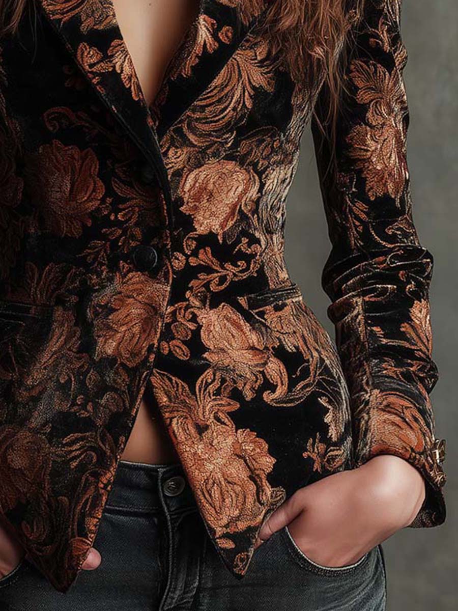 Black and Bronze Floral Print Velvet Blazer