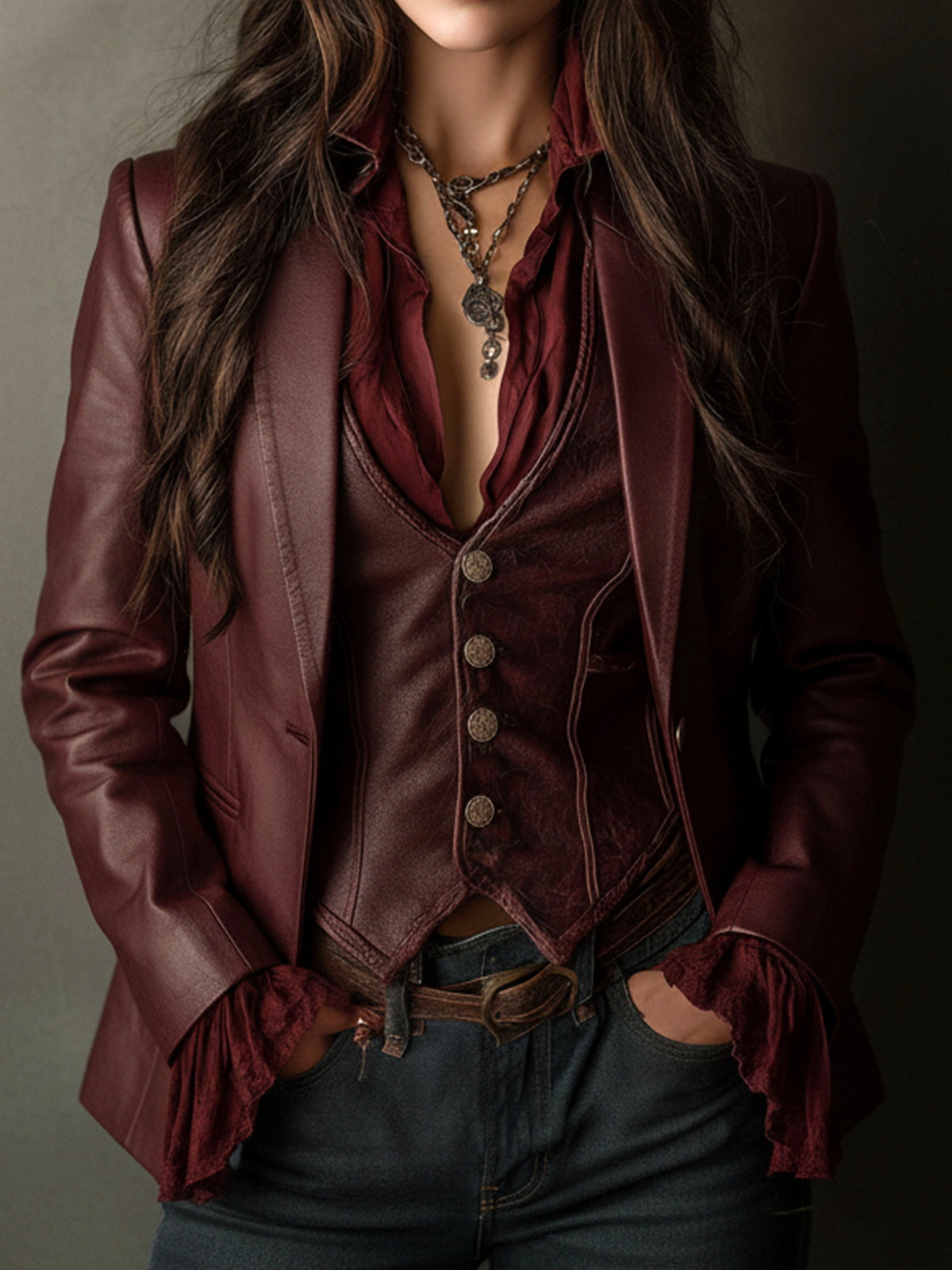 Vintage Burgundy Eco-Leather Blazer