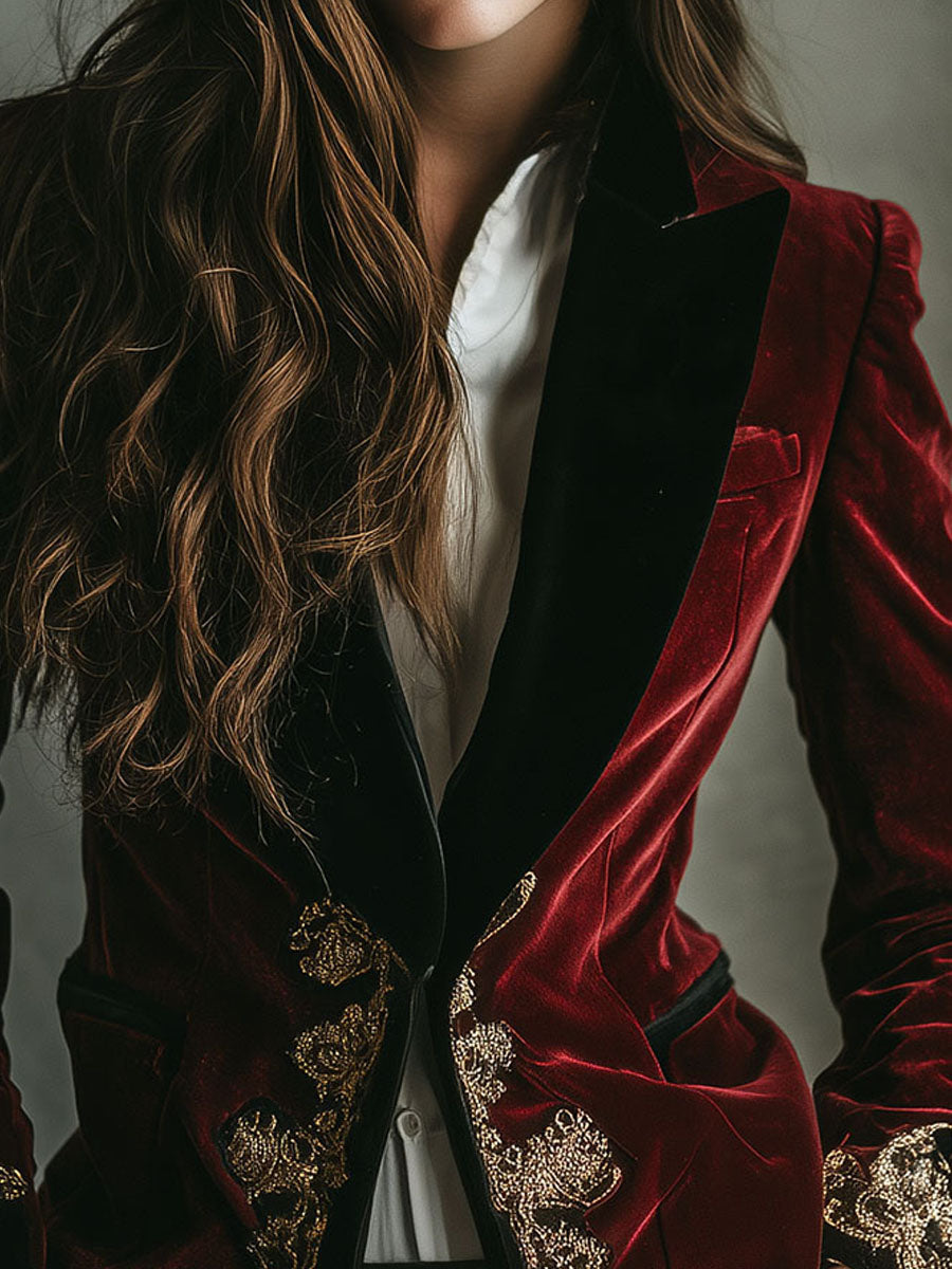 Elegant Black Velvet Blazer with Luxury Gold Embroidered Collar