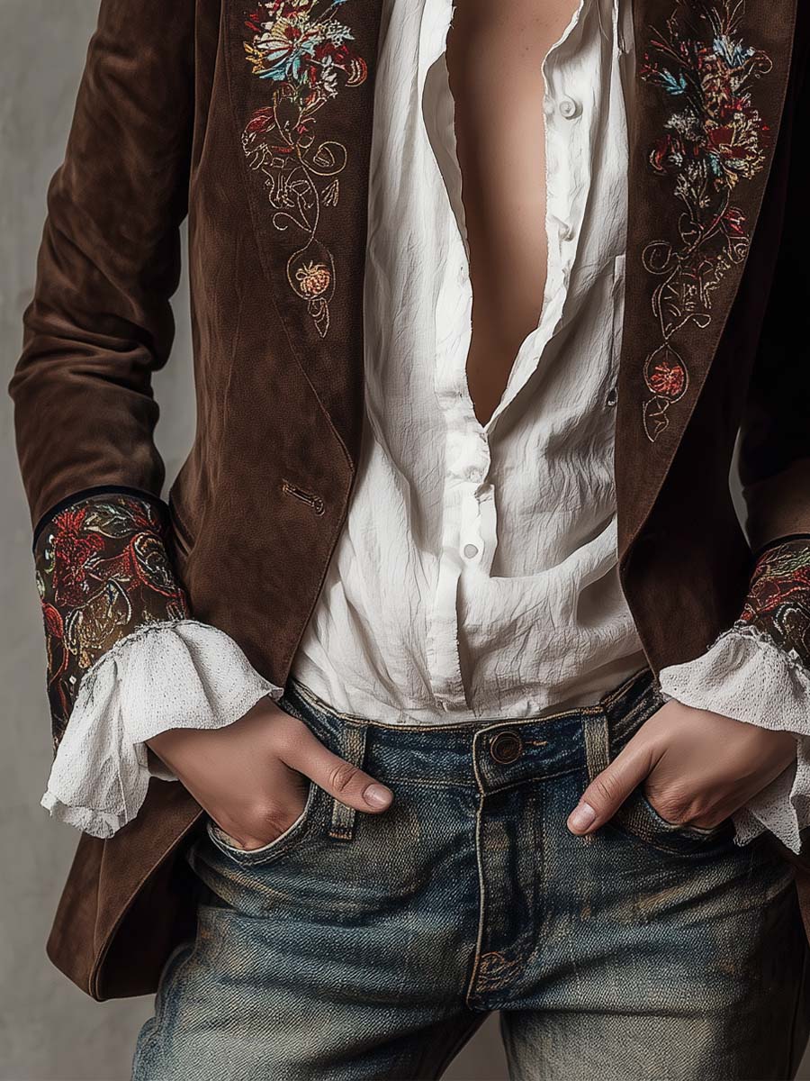 Vintage Brown Suede Blazer with Embroidered Details